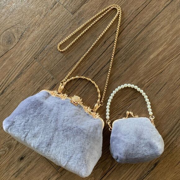 Genuine Shearling Leather Handmade Top Handle Metal Frame Bag & Small Clutch Set - Picture 2 of 16